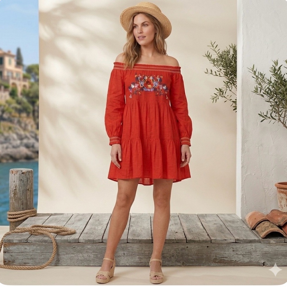 Free People Sunbeams Embroidered Tiered Off Shoulder Mini Dress Red XL NWT